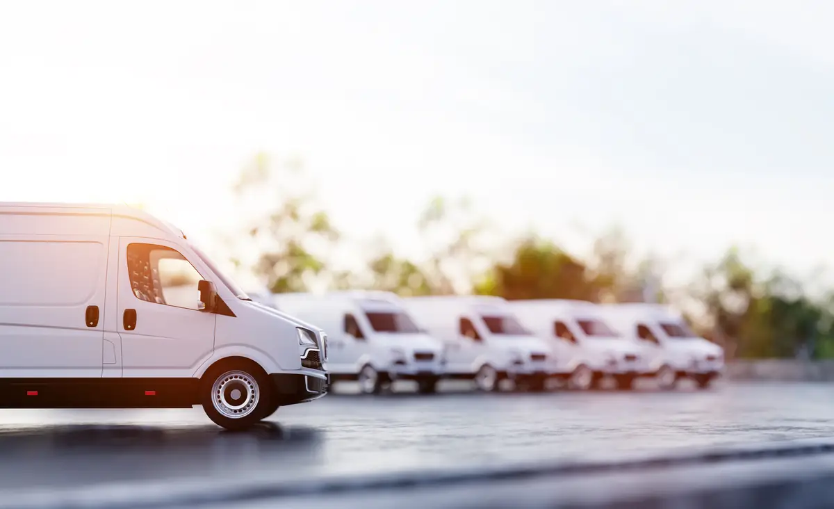 Row of white delivery vans parked in morning light